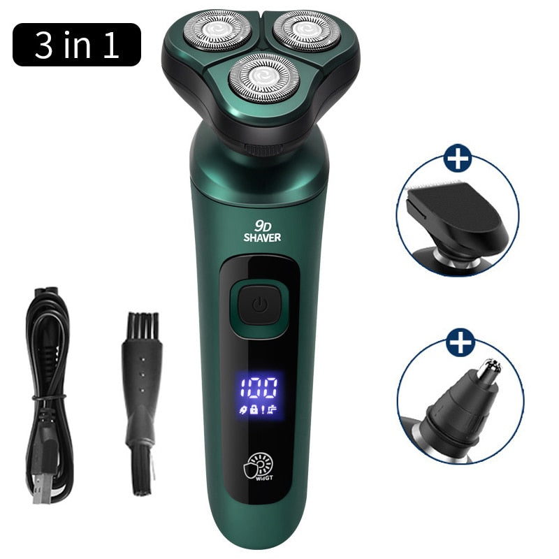 Green Smart Electric Shaver LCD Digital Display Three-head Floating Razor USB Rechargeable Washing Multi-function Beard Knife